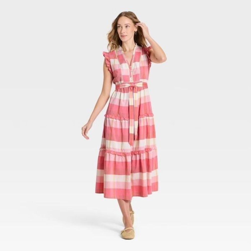 Universal Thread Size XXL Pink Plaid Tiered Cotton Maxi Dress Ruffle Sleeve